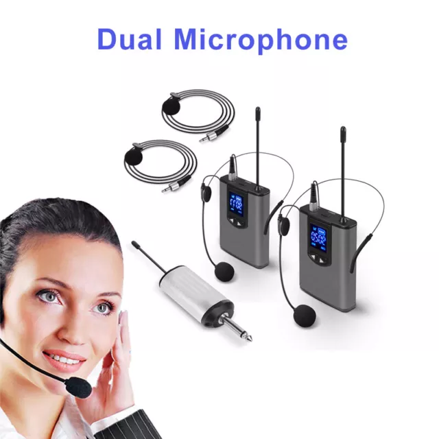 UHF Dual Wireless Headset/Lapel Microphones for PA Speakers DSLR Camera Phones