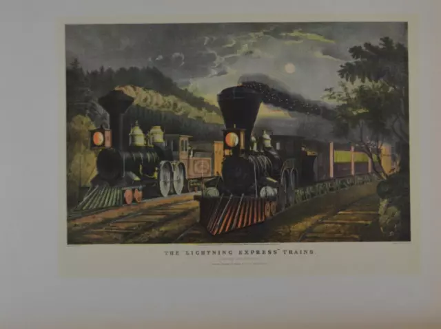 Vintage Currier & Ives Art Print Lightning Express Train Locomotive Printed 1930