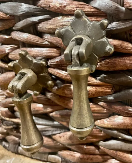 2 ornate tear drop pendant vintage brass handles pulls knobs strong bolts 2 1/4"