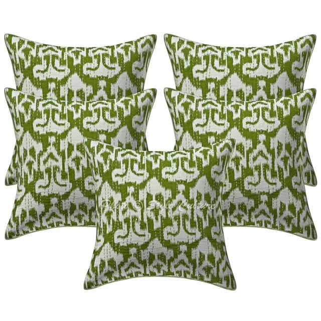 Juego de 5 fundas de almohada decorativas de algodón verde 16x16 Kantha Ikat