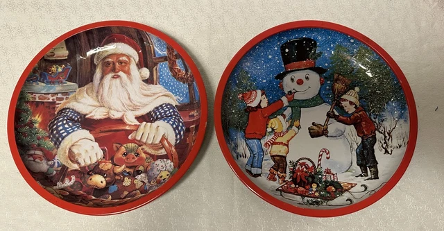 2X VINTAGE WEIHNACHTSTELLER Blech 26cm Nikolaus & Schneemann Deko Plätzchentelle EUR 8,50