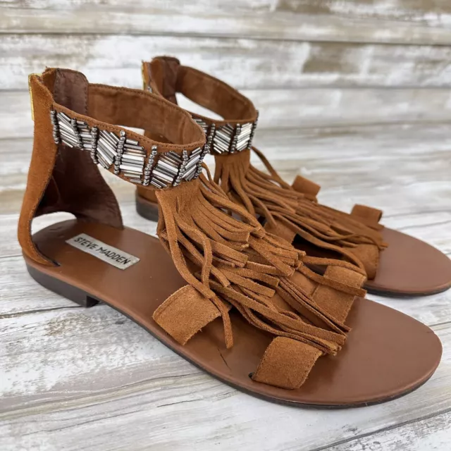 Steve Madden Sandals Women's Size 9B Brown Suede Fringe Beaded Zip Boho Festival