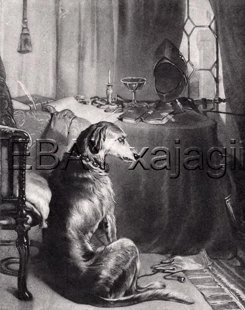 DOG Irish Wolfhound Waiting for Return of Master, Landseer Antique Print 1870s
