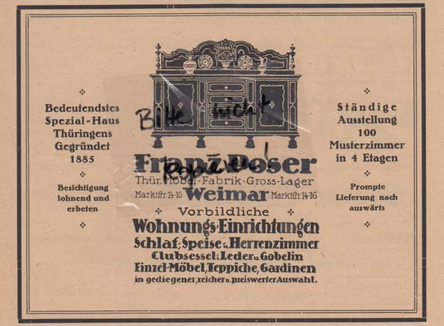 WEIMAR, Werbung 1920, Franz Poser Möbel-Fabrik Wohnungseinrichtungen