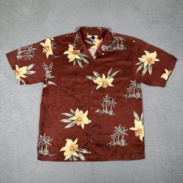 Tommy Bahama Shirt Mens Medium Brown Hawaiian Floral Silk Blend Casual Beach