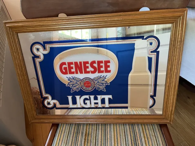Vintage Genesee Beer & Ale Wood Framed Beer Mirror Sign Red White Blue 22”x15”