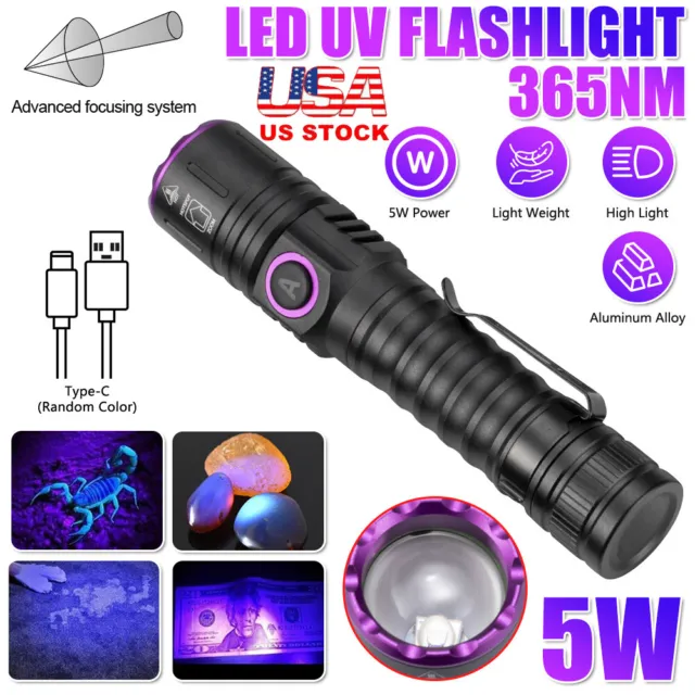 USB Rechargeable UV Light LED Flashlight 365nm Blacklight Inspect Torch Zoomable