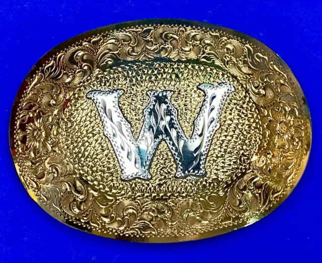Western Swirl letter monogram initial W TWO TONE belt buckle Award Design Metals