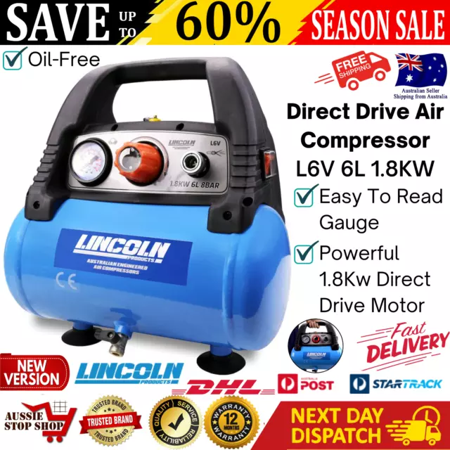 LINCOLN 6L 1.8KW Air Compressor Portable Direct Drive Compact Powerful ...