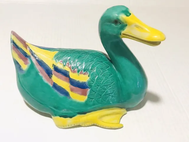 MCM Asian Exports Colorful Majolica Glaze Porcelain Laying Duck Statue Figurine