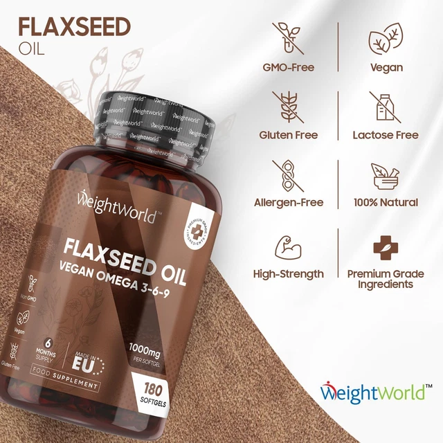 FLAXSEED OIL CAPSULES 2000Mg per 2 Softgels 180 Vegan Omega 3 6 9