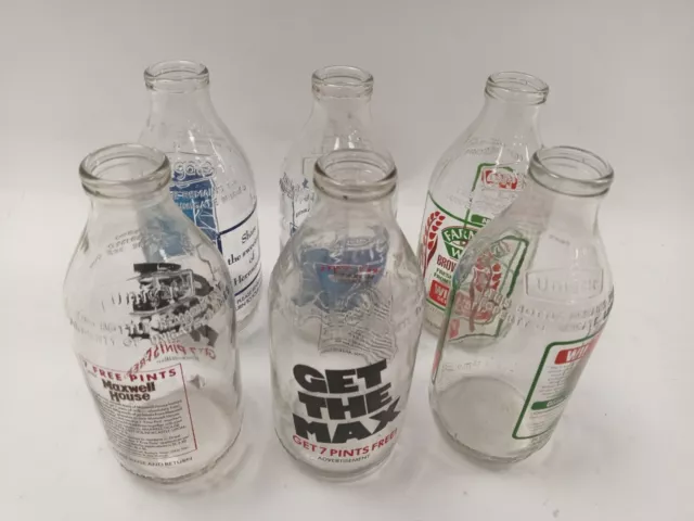 x6 Vintage Unigate Dairy 1 Pint Milk Glass Bottles Advertising 1980s Collectible