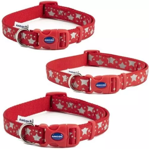 Ancol Réfléchissant Stars Rouge Chien Col Motifs Réglable Confortable Accessoire