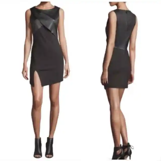 Haute Hippie Black Ponte Asymmetric Leather Cocktail Party Dress Slit Sz 4 NWT