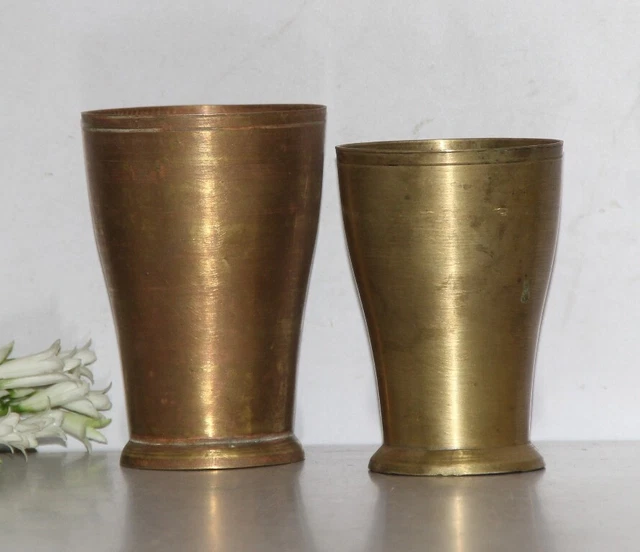 2 PC Old Brass Handcrafted Solid Plain Water/Milk Glass, Nice Patina 7358_73