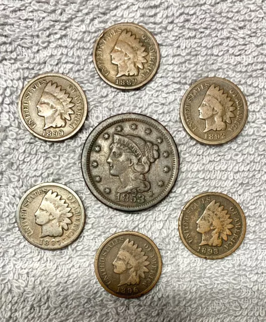 Old U.S. coins lot of 7 from 1800'S, - 1853 Large Cent + 6 Indian Head.