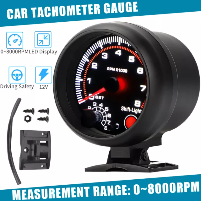 Universal Car Tachometer Gauge Tacho Meter with LED Shift Light 0-8000 RPM 3.75"
