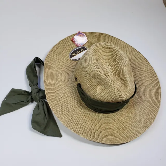 Scala Women's Beige Polyester Straw Sun Hat with Green Ribbon Band Tie One Size
