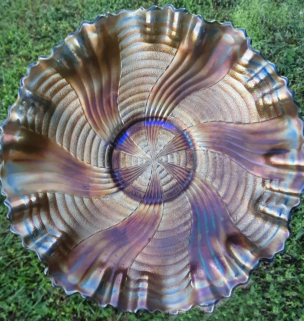 Fenton Blue Iridized Carnival Glass Ribbon Tie Low Bowl 3 in 1 Crimp