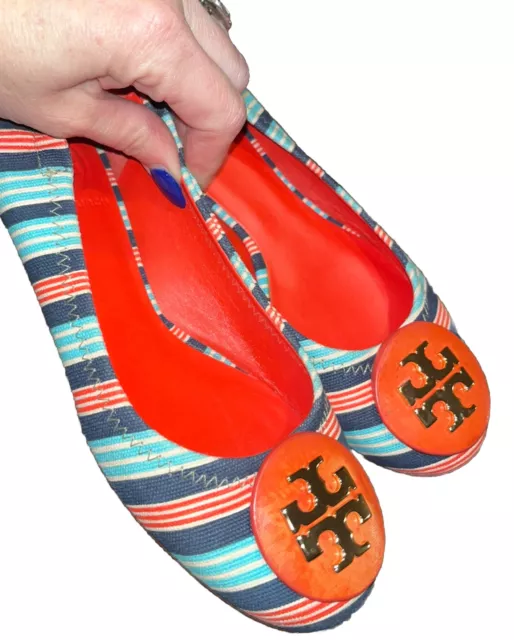 TORY BURCH Reva Printed Canvas Bauer Stripe Habanero Pepper 🌶️Ballet Flats-5.5 2