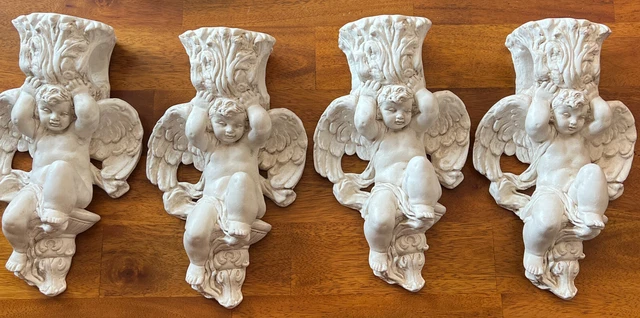 Fleur de lis Wall Sconce Angel Cherub Curtain Rod Holder Antique set of 4 9