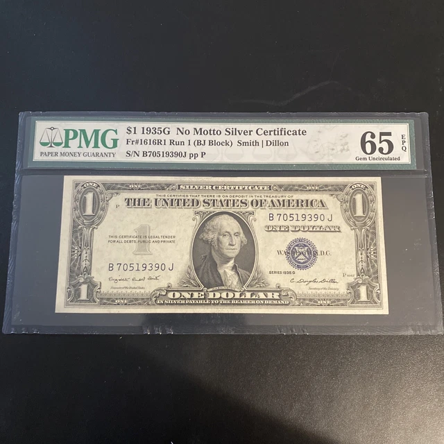 GEM 1935G $1 DOLLAR SILVER CERTIFICATE NOTE NO MOTTO Fr 1616R1 PMG 65 EPQ BJ Blk