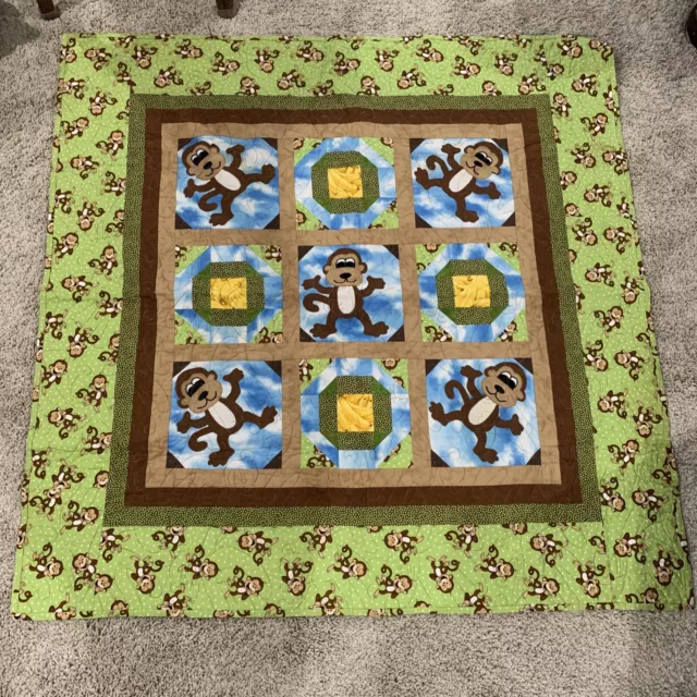 Hecho a Mano Edredón Algodón Monos Plátanos Selva Vivero 50 x 50 Verde Marrón