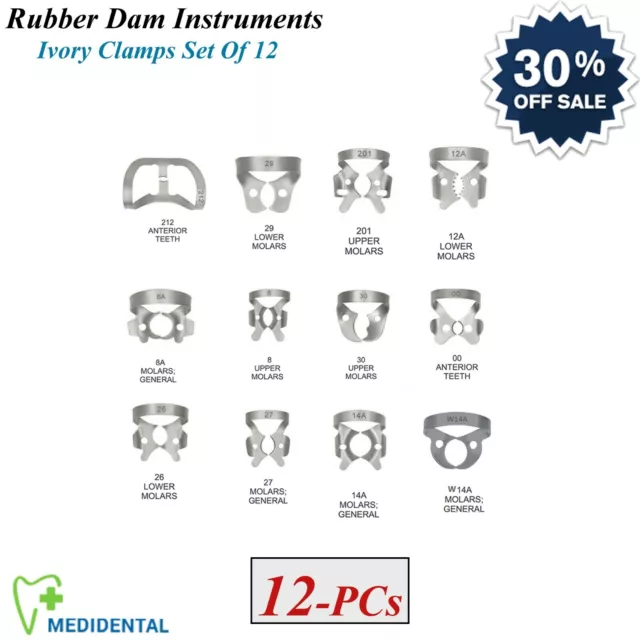 Set Of 12 Dentistry Restorative Instruments Rubber Dam Ivory Clamps Universal CE