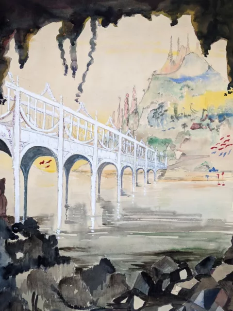 Vintage Large Original watercolour painting landscape openwork bridge unsigned