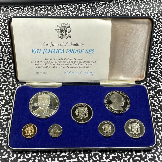 1971 Jamaica 7 Coin Proof Set Lot#B1560 Including Silver! Original Case & C.O.A.