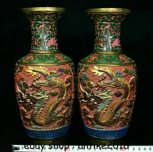 10" Old China Qing Red Lacquerware Painting Dynasty Dragon Bead Bottle Vase Pair