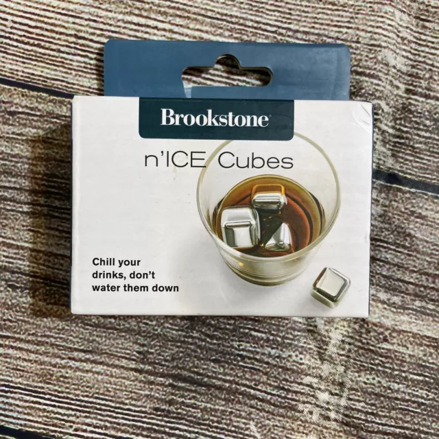 Brookstone N’Ice Cubes Stainless Steel Drink Chillers Set of 6 New Ice Block