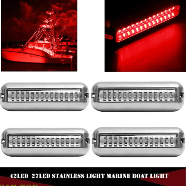 4x Red 42LED Boat Light Underwater Marine Transom Tail Lamp Stainless Steel 12V