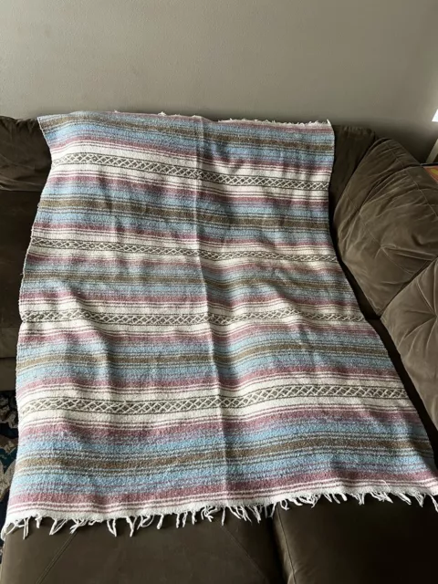 VTG Mexican Serape Wool Blanket Throw Pink Tan Woven Striped Fringe Tijuana