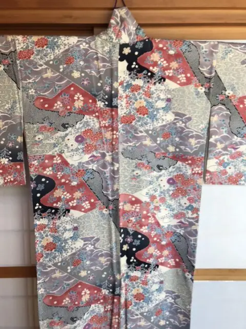 Kimono & Obi set grass flower long sleeves Japanese furisode belt unused #98