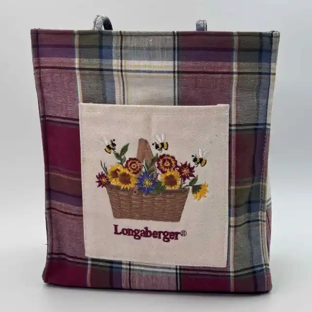 Longaberger Sunflower in Basket Bees Tote Bag Red Plaid Plastic Liner Pocket 9"