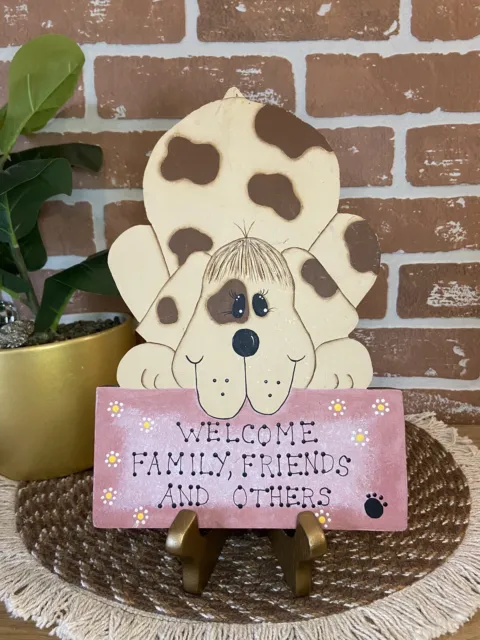 Vintage Handmade Wooden Welcome Wall Plaque Hanging Sign Cute Dog Puppy Paws
