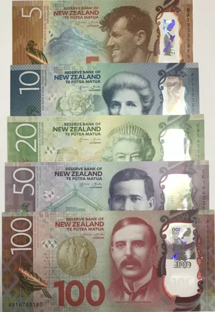 New Zealand Set 5 Pcs 5 10 20 50 100 Dollars 2015-2016 P 191 192 193 194 195 UNC