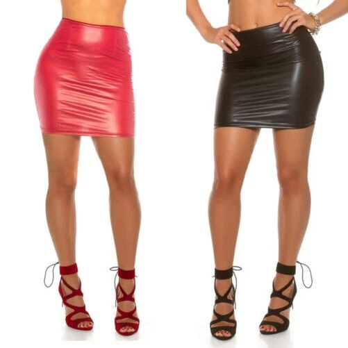 MINI JUPE CUIR Look Extensible Brillant Look Tremp KouCla Rouge