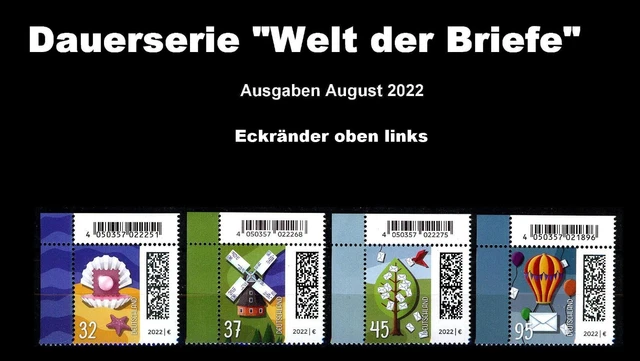 DS "Welt der Briefe", die 4 Werte August 2022** (Mi. 3702-3705) - Eckrand o.l./D