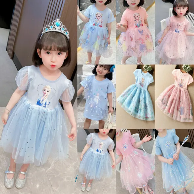 Kids Girls Frozen Elsa Princess Dress Birthday Party Casual Mesh Tutu Dresses.