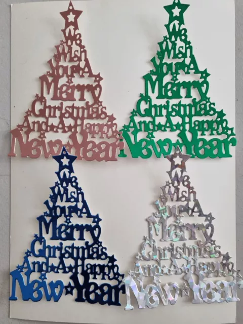 4 Large Merry Christmas Happy New Year Trees Craft Die Cut Card Toppers (Set 2)