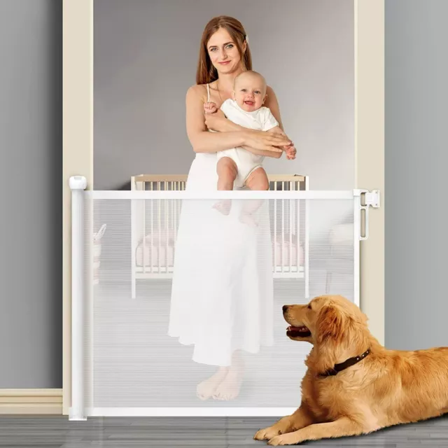 Retractable Safety Gate - 88cm Baby and Pet Stair Gate, Up to 140cm Wide, White