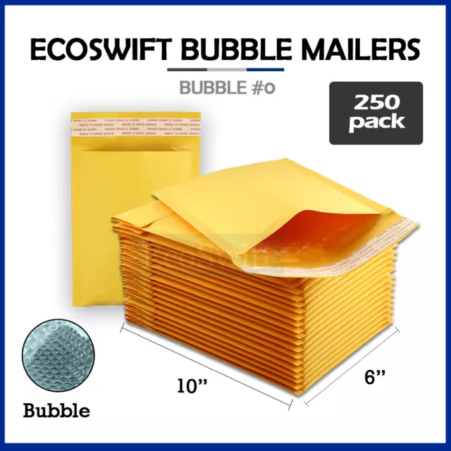 250 #0 6 x 10 EcoSwift Kraft Paper Padded Bubble Envelopes Mailers Shipping Case