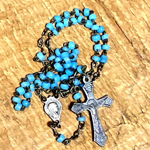 Rosary Micro 5 Decade Italy Art Nouveau Jesus Vintage Glass Blue Micro Vintage