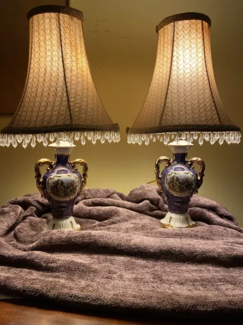 Set Of 2  Small Vintage Victorian Blue & Gold Boudoir Lamps with  Beaded Shades