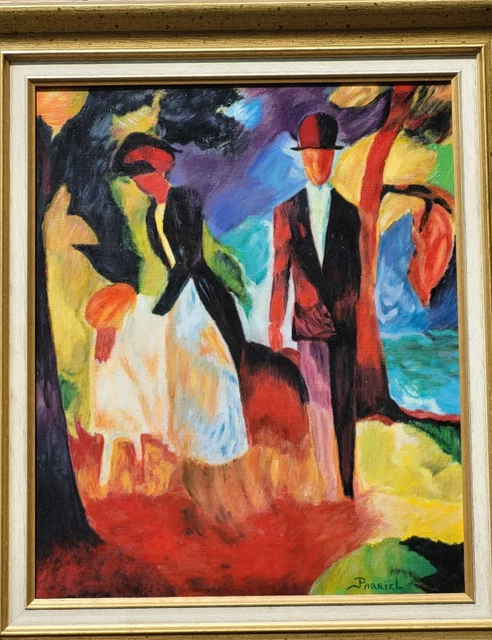 Tableau signée PARRIEL  Les Gens au Lac Bleu Peinture huile sur toile.