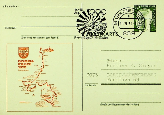 GERMANY 1972 30pf WINNER OLYMPIC RALLY PPC FROM MARKTREDWITZ TO WURTTEMBERG