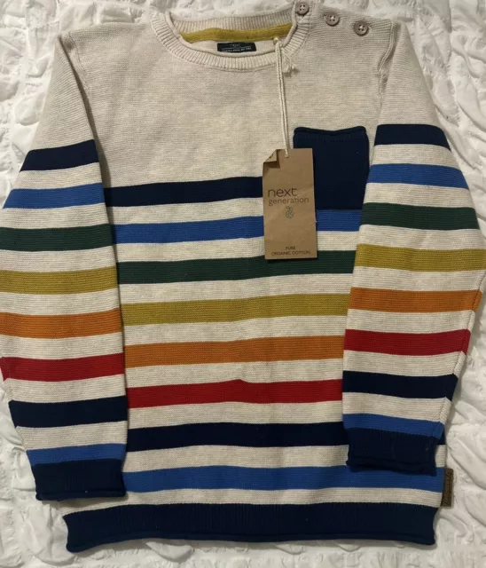 BNWT Boys Next Organic Cotton Thin Knit Rainbow Striped Jumper Age 4-5 Years