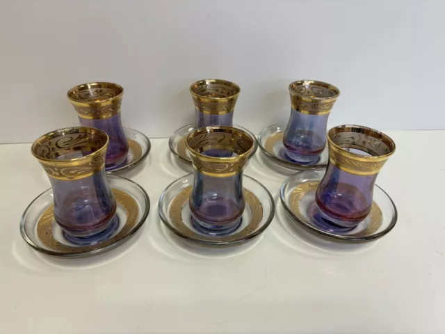 Vintage Turkish/Arabic Gold Plated Glass Tea Cups Saucers 12 piece set